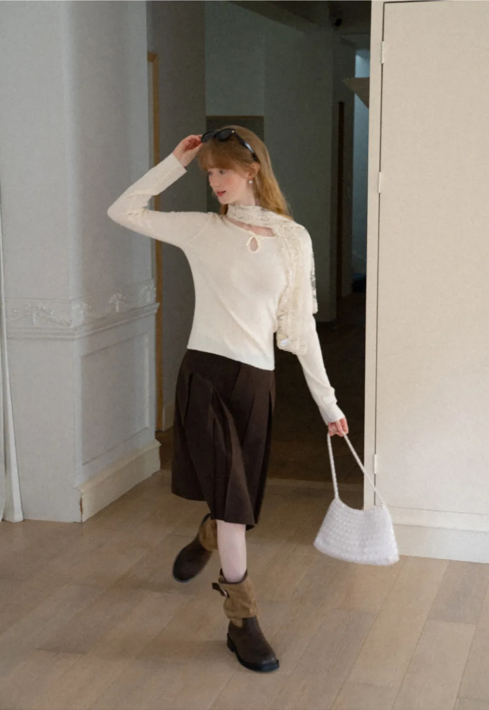 Keyhole Neck Long Sleeve Wool Knit Sweater