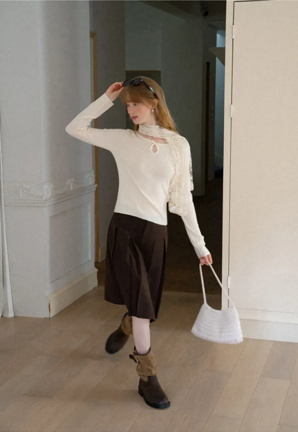 Keyhole Neck Long Sleeve Wool Knit Sweater