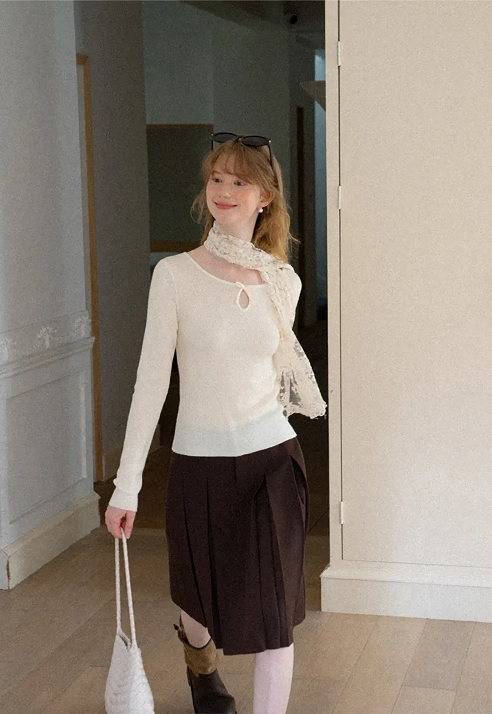 Keyhole Neck Long Sleeve Wool Knit Sweater