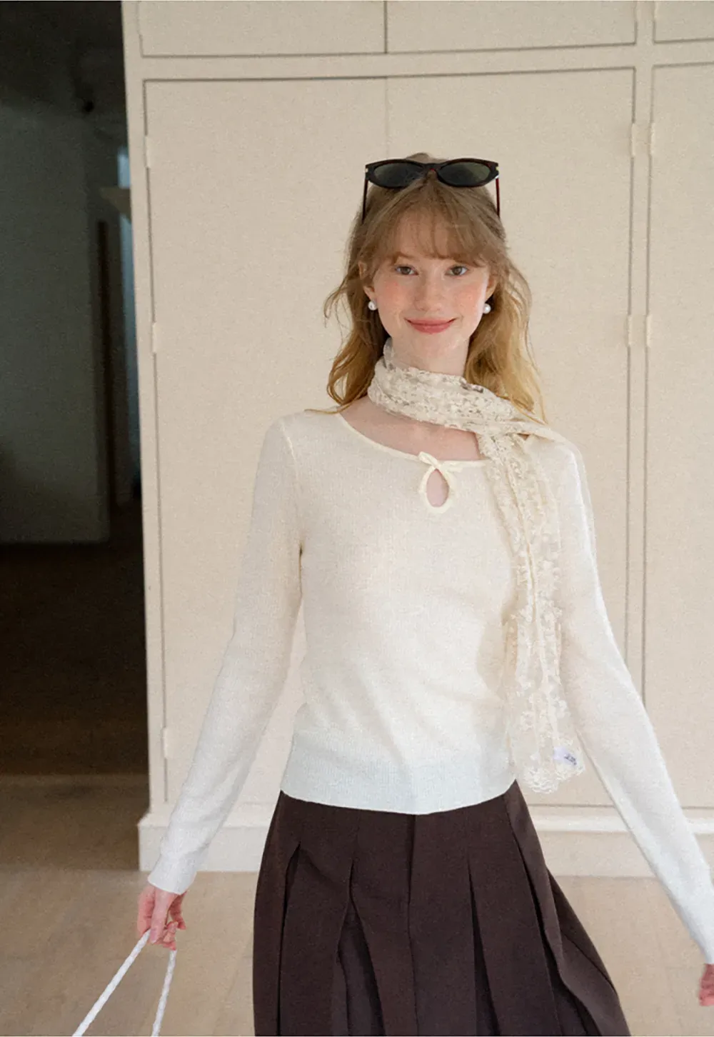 Keyhole Neck Long Sleeve Wool Knit Sweater