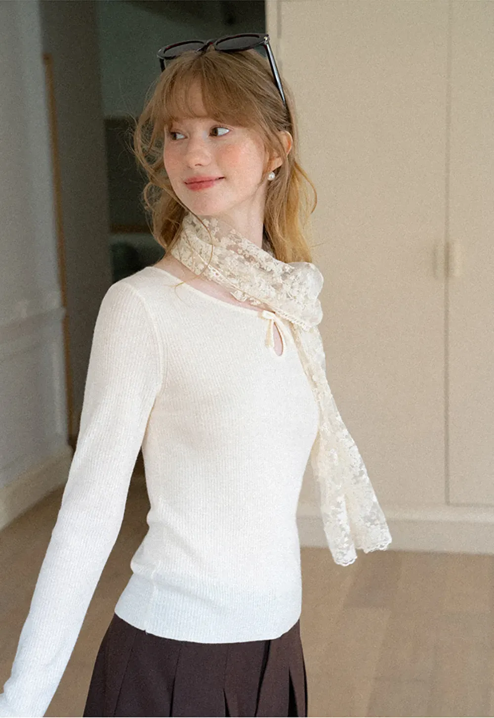 Keyhole Neck Long Sleeve Wool Knit Sweater