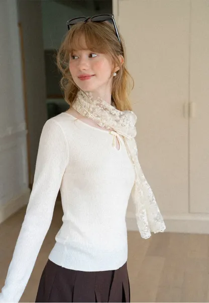 Keyhole Neck Long Sleeve Wool Knit Sweater