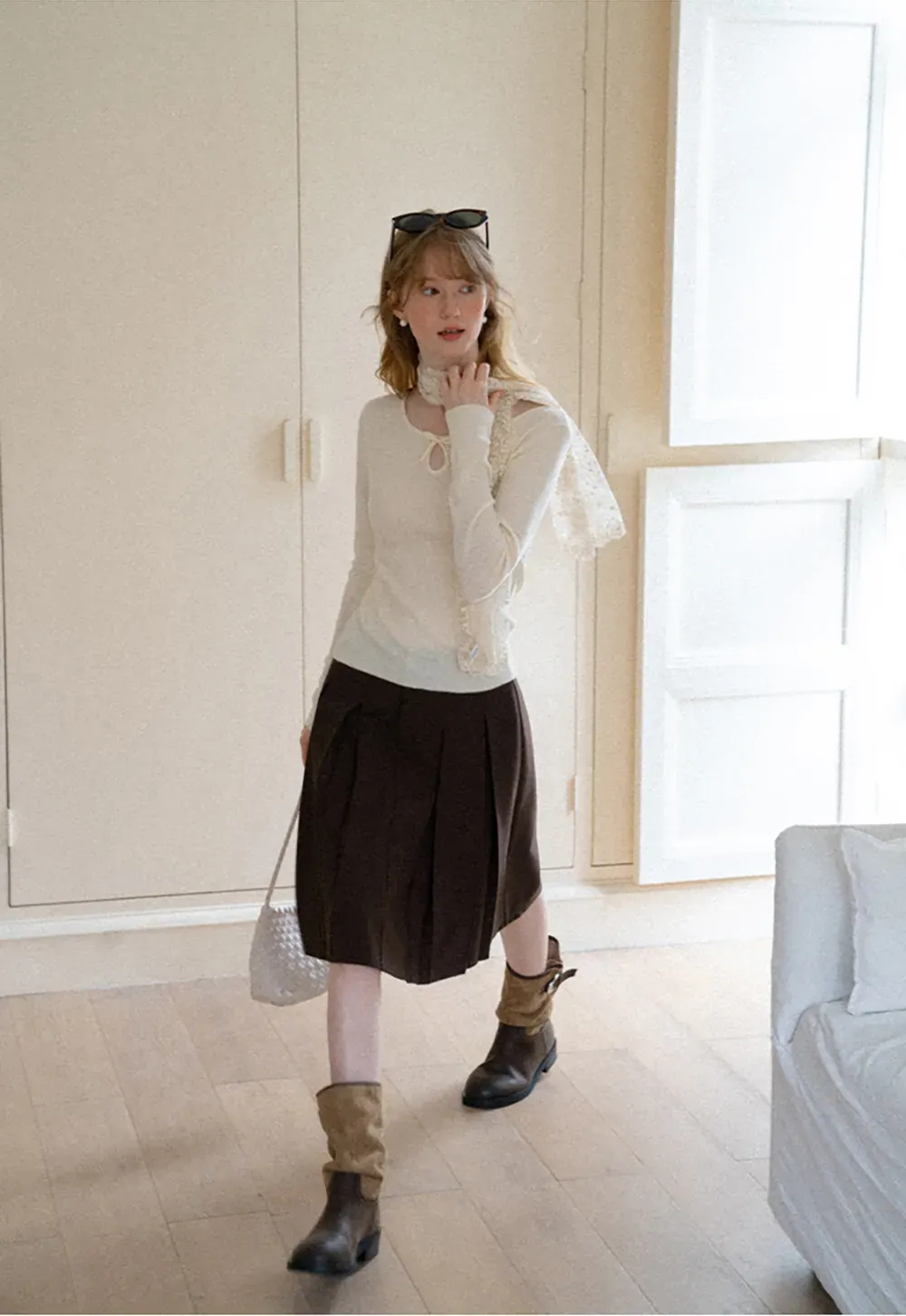 Keyhole Neck Long Sleeve Wool Knit Sweater