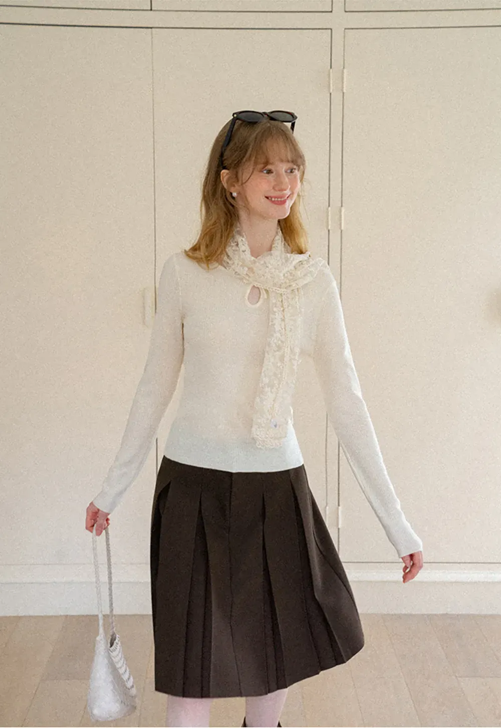Keyhole Neck Long Sleeve Wool Knit Sweater