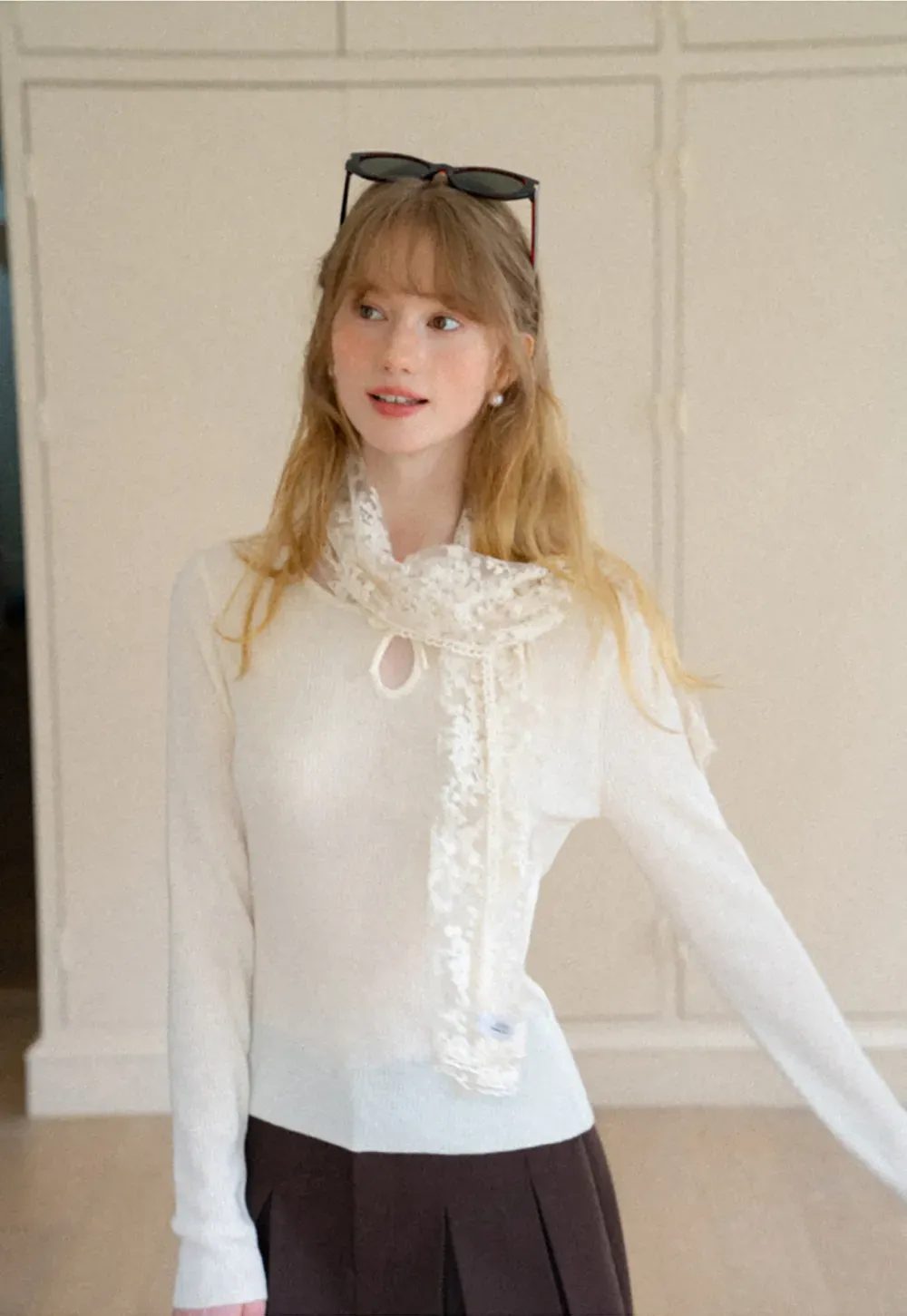 Keyhole Neck Long Sleeve Wool Knit Sweater