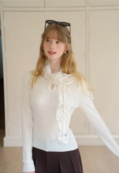 Keyhole Neck Long Sleeve Wool Knit Sweater