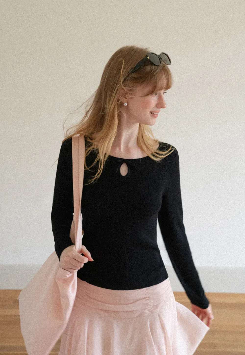 Keyhole Neck Long Sleeve Wool Knit Sweater