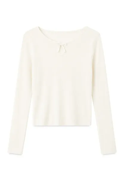 Keyhole Neck Long Sleeve Wool Knit Sweater