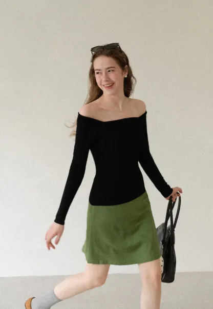 Off Shoulder Long Sleeve Woolen Knit Sweater