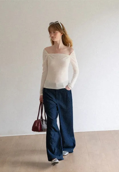 Off Shoulder Long Sleeve Woolen Knit Sweater