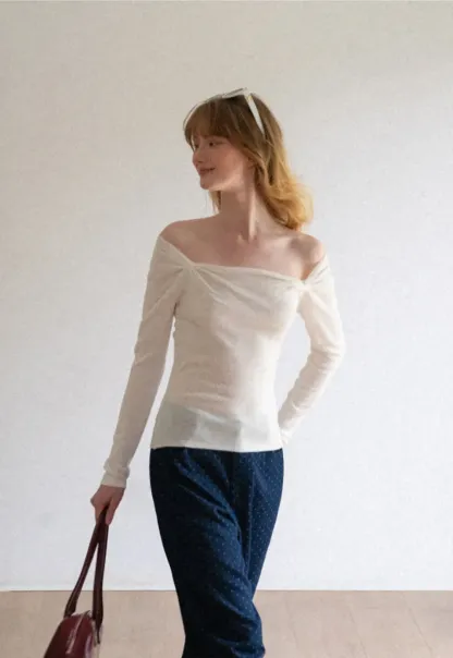 Off Shoulder Long Sleeve Woolen Knit Sweater