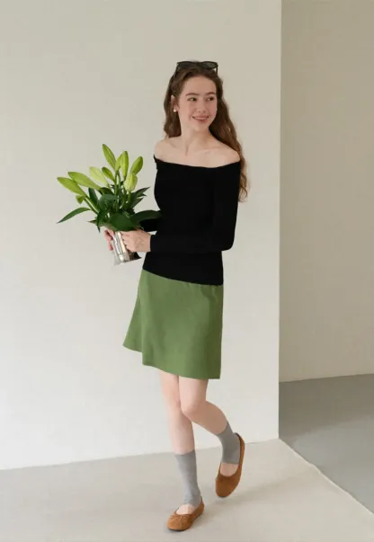 Off Shoulder Long Sleeve Woolen Knit Sweater
