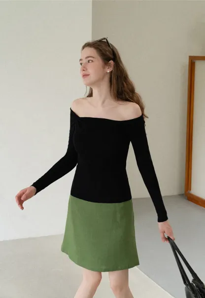 Off Shoulder Long Sleeve Woolen Knit Sweater