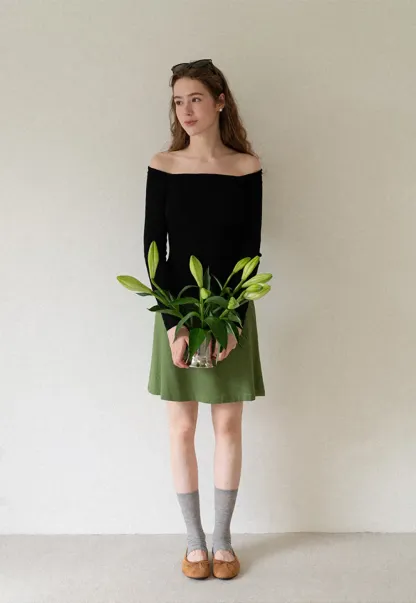 Off Shoulder Long Sleeve Woolen Knit Sweater