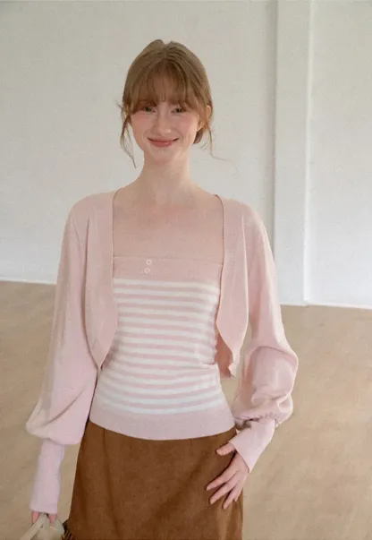 Cropped Bolero Style Ribbed Knit Cardigan