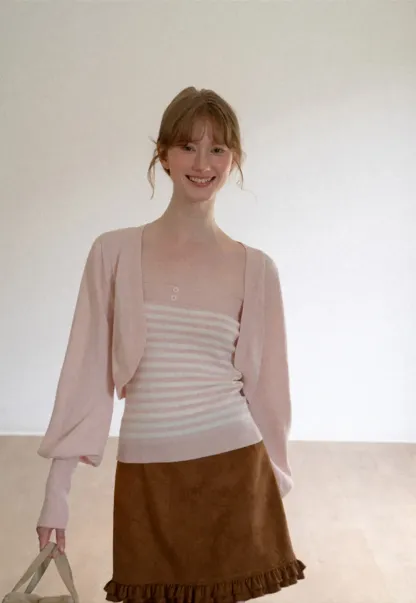 Cropped Bolero Style Ribbed Knit Cardigan