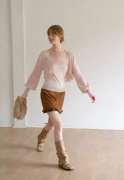 Cropped Bolero Style Ribbed Knit Cardigan