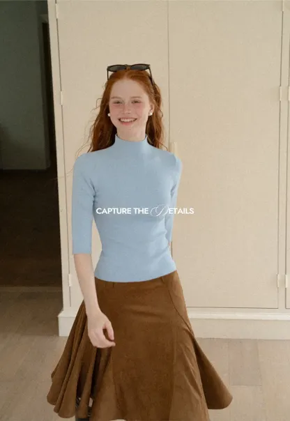 High Neck Three Quarter Sleeve Wool Knit Sweater