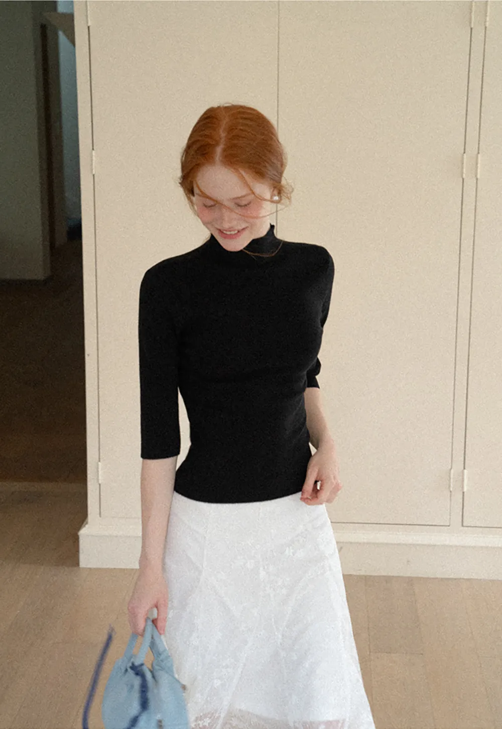 High Neck Three Quarter Sleeve Wool Knit Sweater