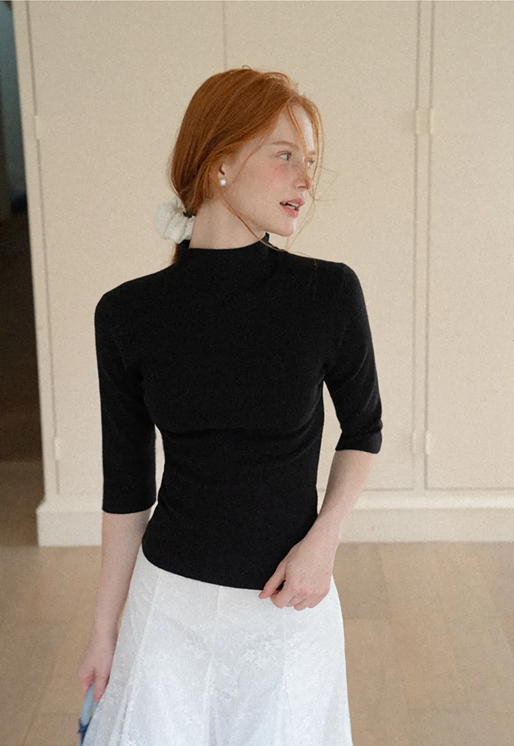High Neck Three Quarter Sleeve Wool Knit Sweater