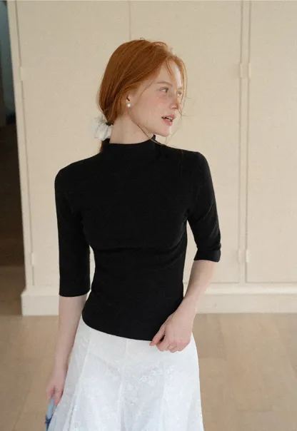 High Neck Three Quarter Sleeve Wool Knit Sweater
