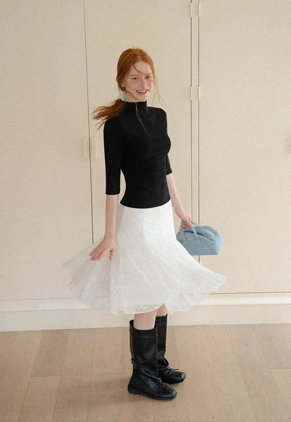 High Neck Three Quarter Sleeve Wool Knit Sweater