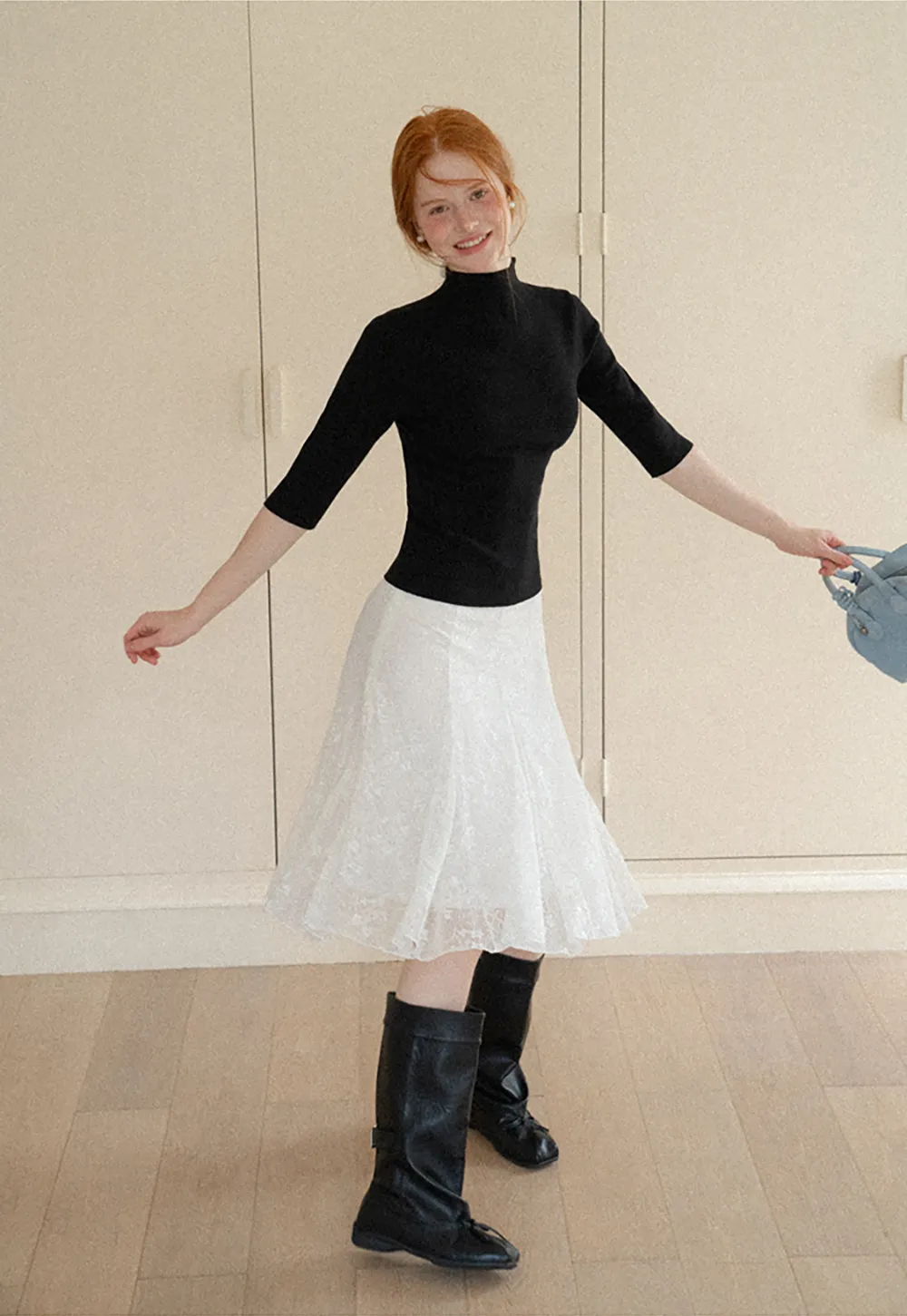 High Neck Three Quarter Sleeve Wool Knit Sweater