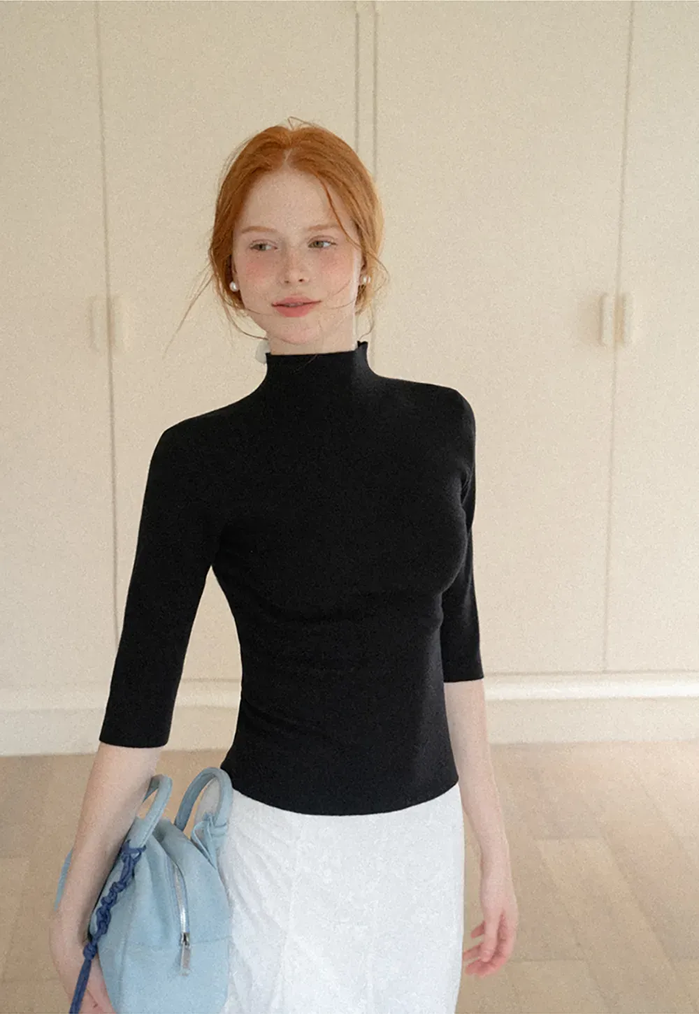 High Neck Three Quarter Sleeve Wool Knit Sweater