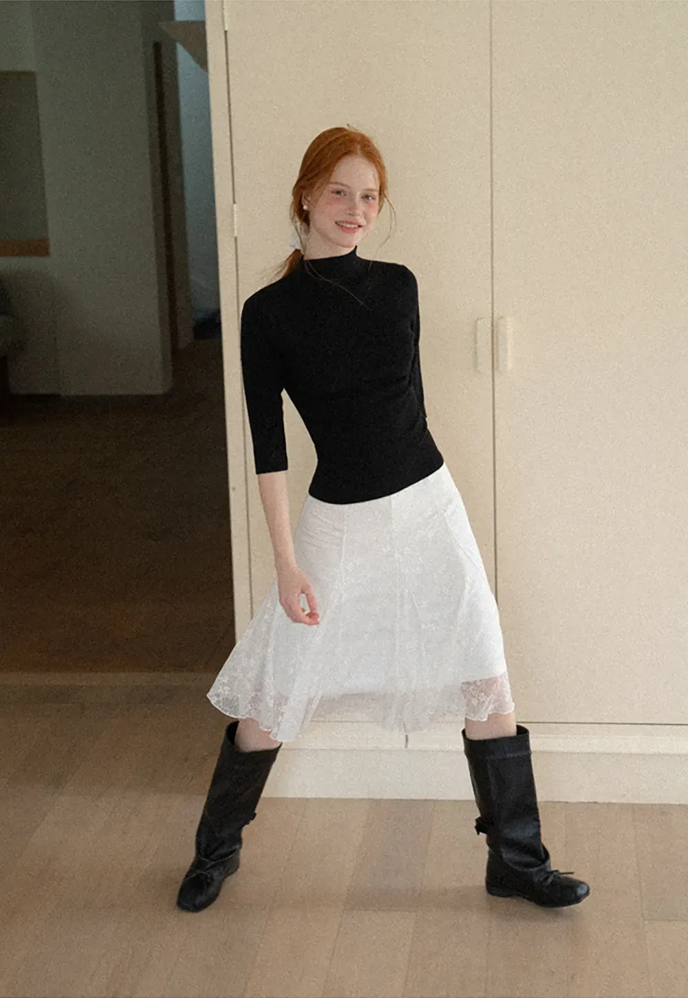 High Neck Three Quarter Sleeve Wool Knit Sweater