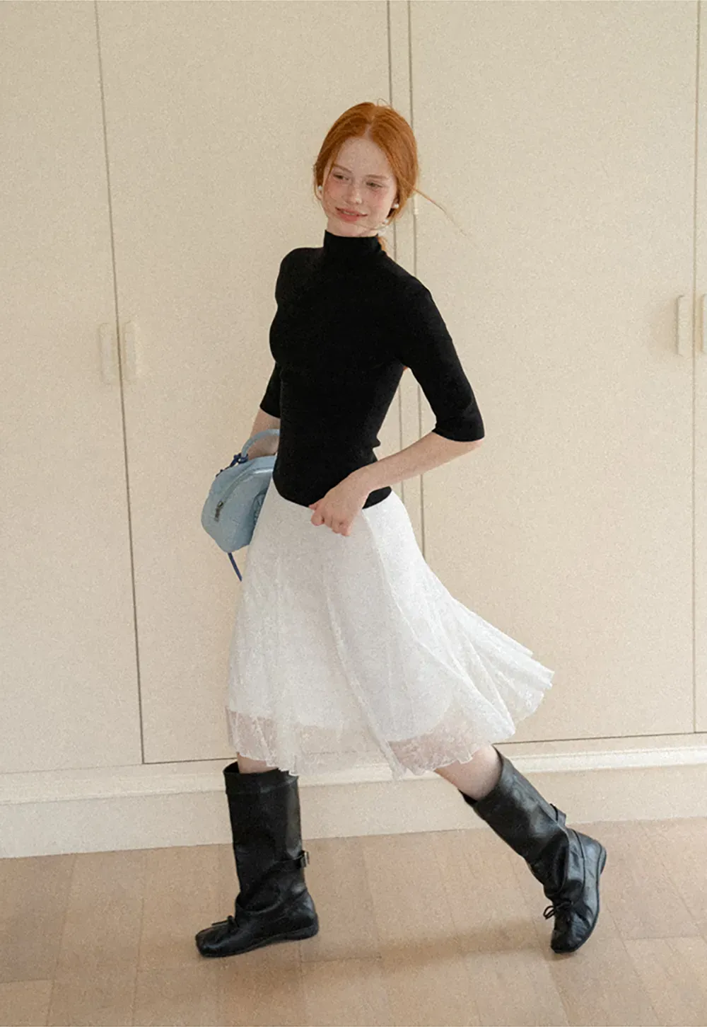 High Neck Three Quarter Sleeve Wool Knit Sweater