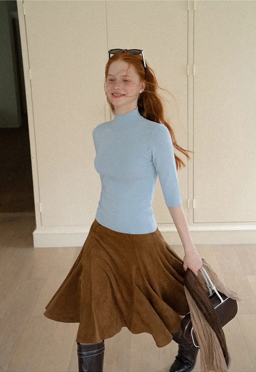 High Neck Three Quarter Sleeve Wool Knit Sweater
