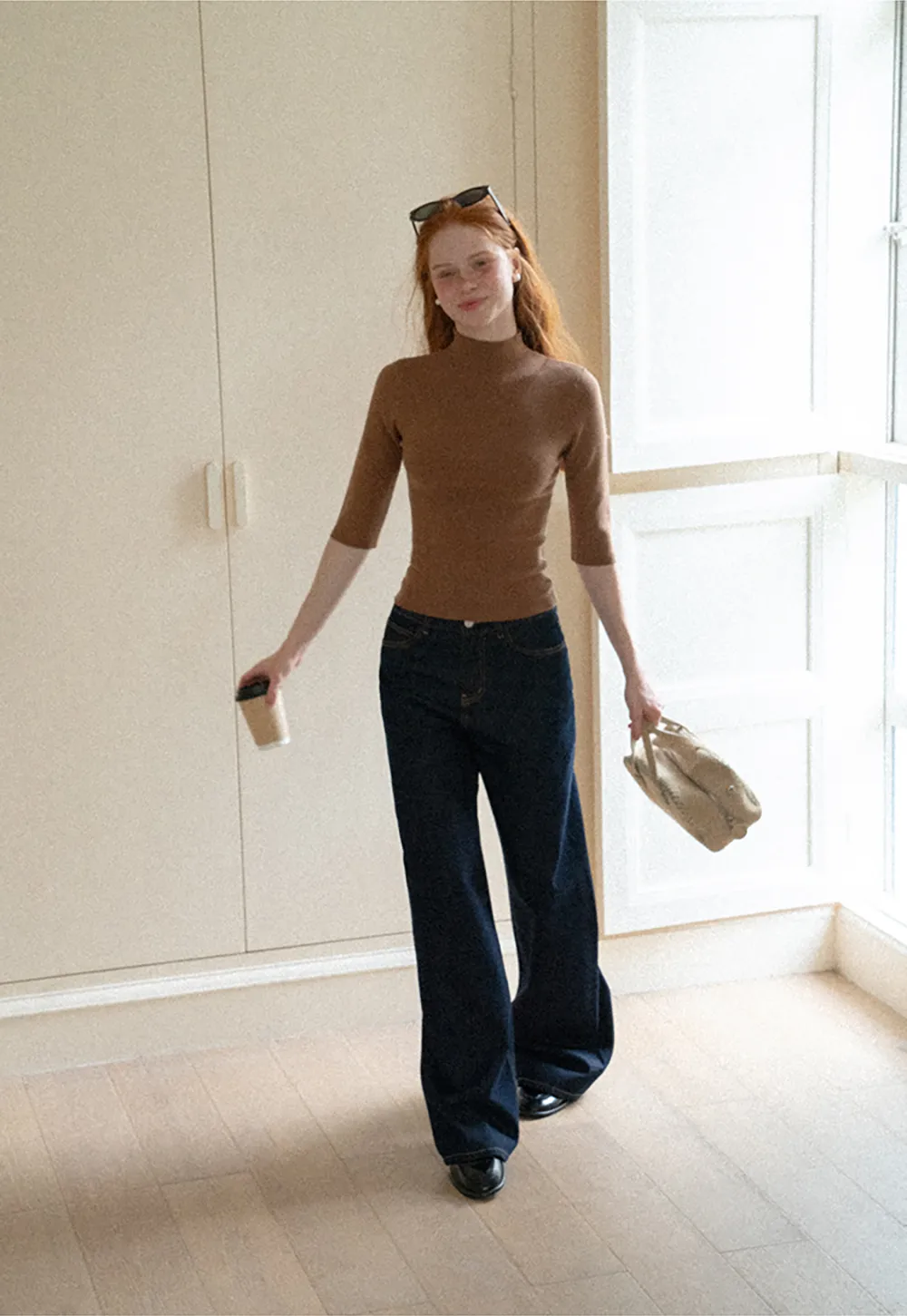 High Neck Three Quarter Sleeve Wool Knit Sweater