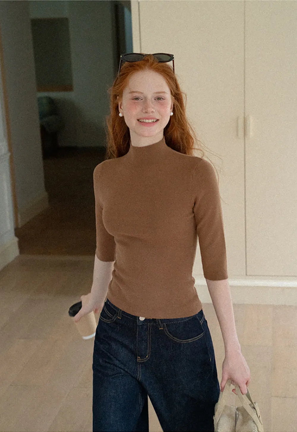 High Neck Three Quarter Sleeve Wool Knit Sweater