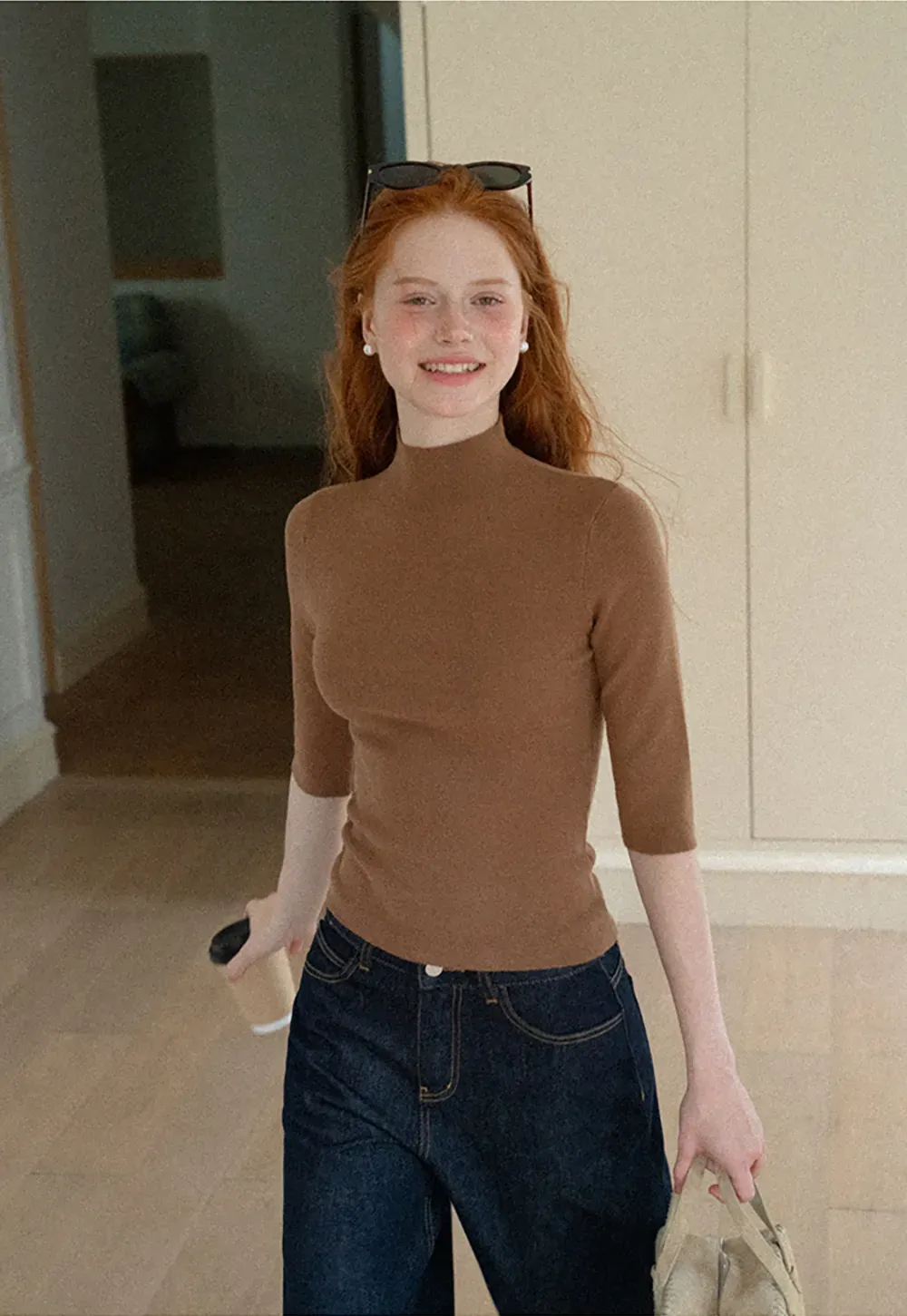 High Neck Three Quarter Sleeve Wool Knit Sweater