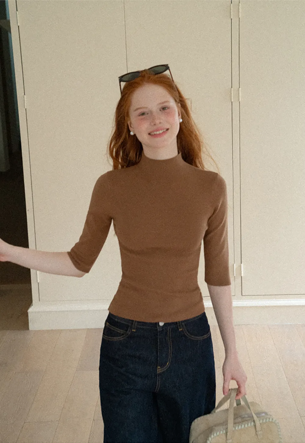 High Neck Three Quarter Sleeve Wool Knit Sweater