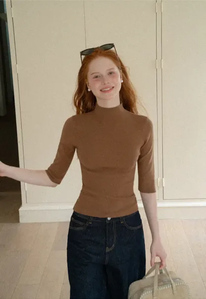 High Neck Three Quarter Sleeve Wool Knit Sweater