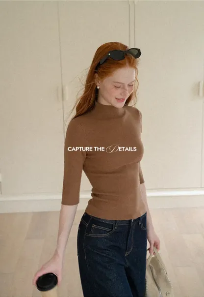 High Neck Three Quarter Sleeve Wool Knit Sweater