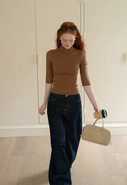 High Neck Three Quarter Sleeve Wool Knit Sweater