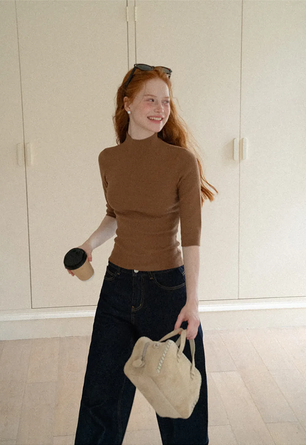 High Neck Three Quarter Sleeve Wool Knit Sweater