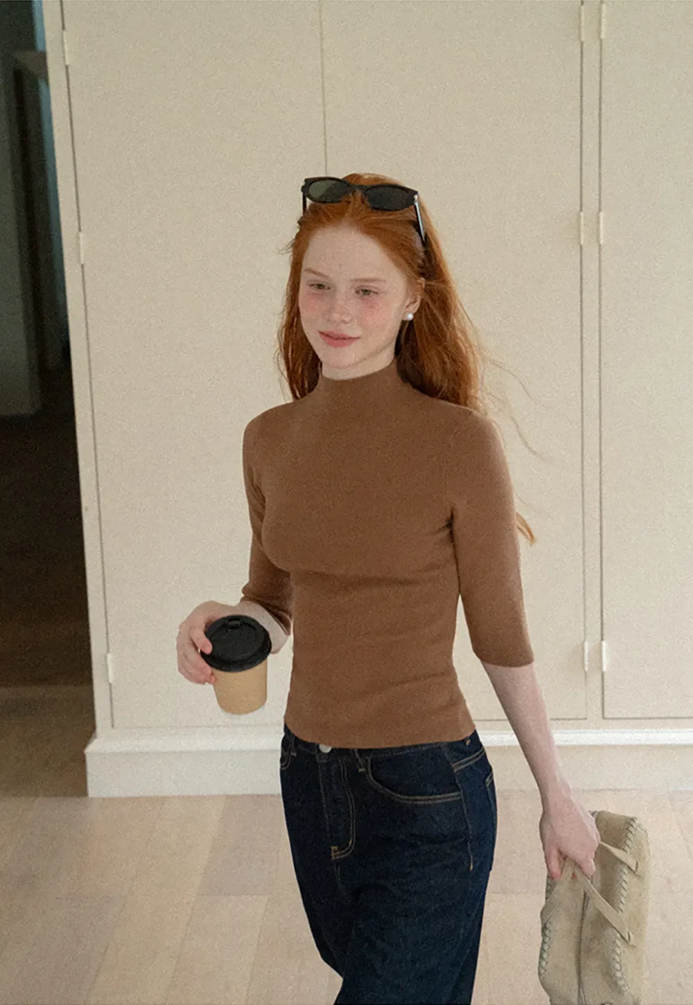 High Neck Three Quarter Sleeve Wool Knit Sweater