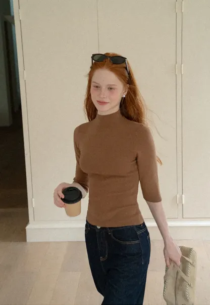 High Neck Three Quarter Sleeve Wool Knit Sweater