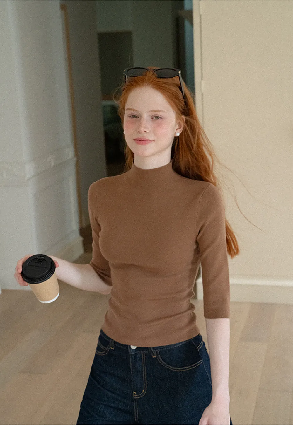 High Neck Three Quarter Sleeve Wool Knit Sweater