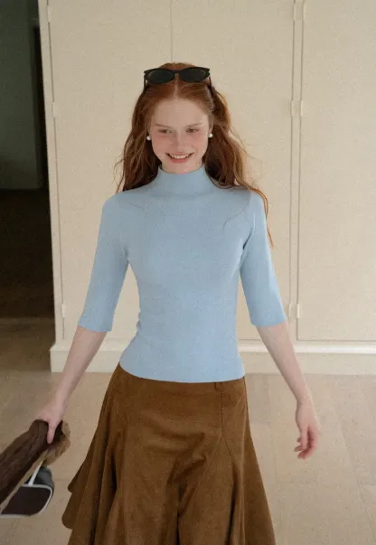 High Neck Three Quarter Sleeve Wool Knit Sweater