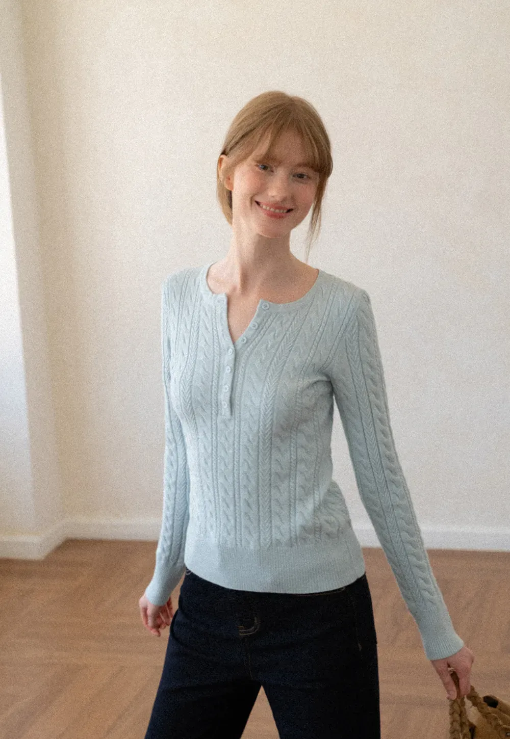 Cable Knit Henley Neck Long Sleeve Woolen Knit Sweater