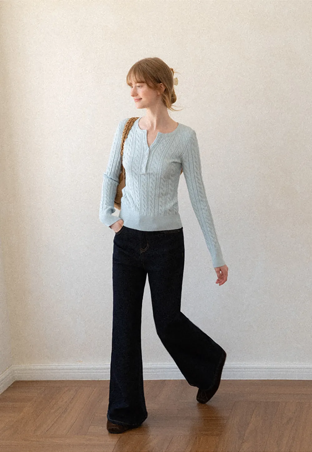 Cable Knit Henley Neck Long Sleeve Woolen Knit Sweater