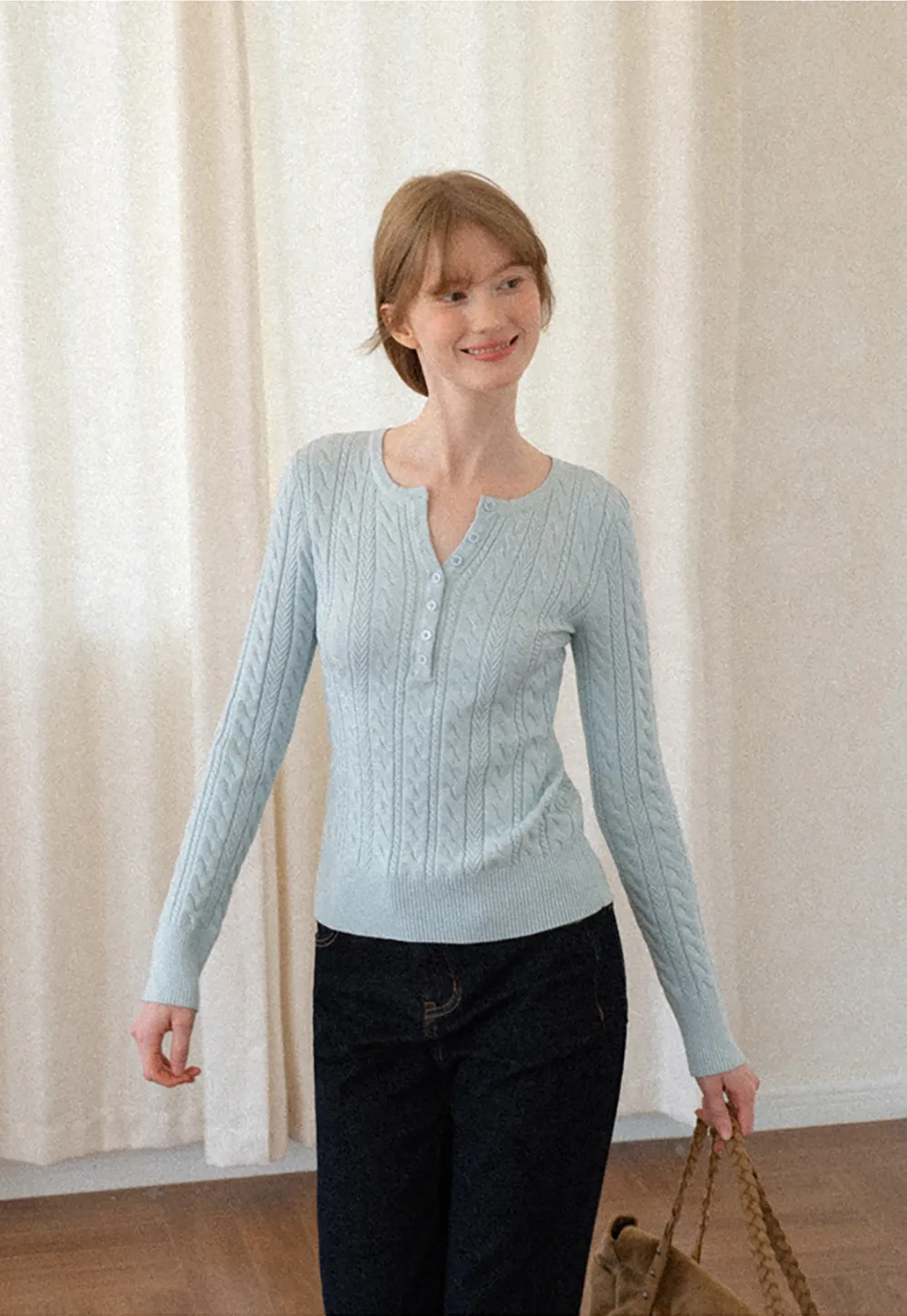 Cable Knit Henley Neck Long Sleeve Woolen Knit Sweater