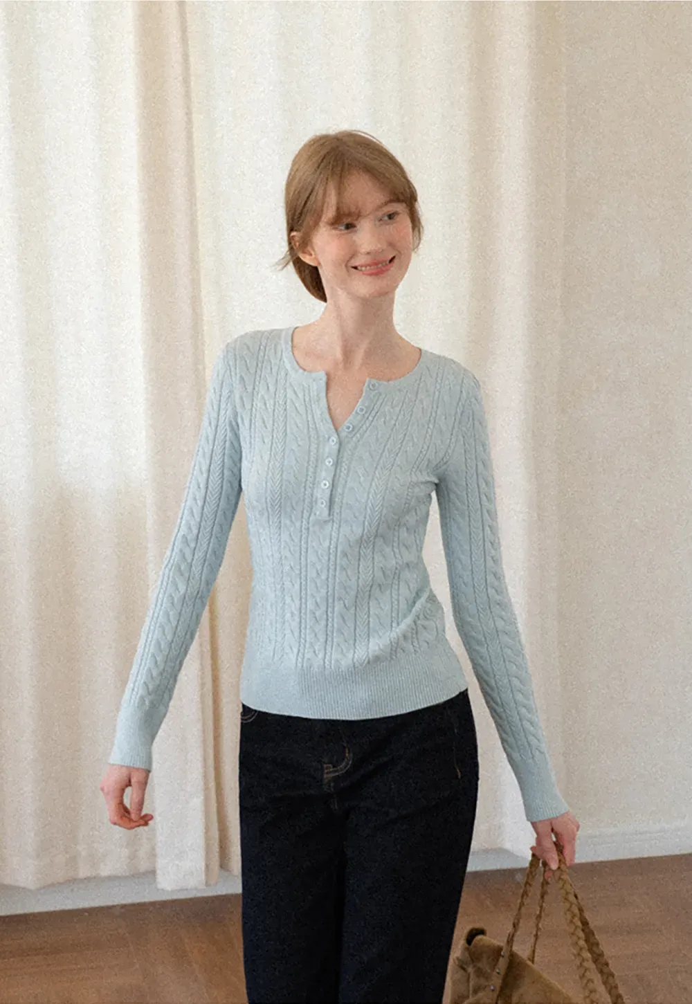 Cable Knit Henley Neck Long Sleeve Woolen Knit Sweater