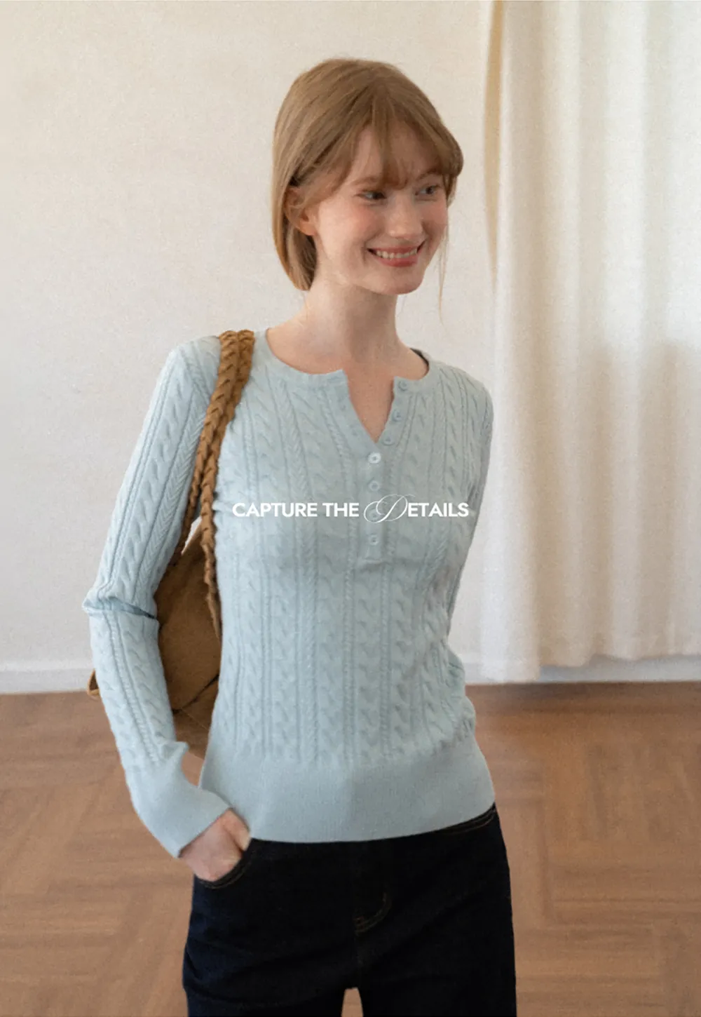 Cable Knit Henley Neck Long Sleeve Woolen Knit Sweater