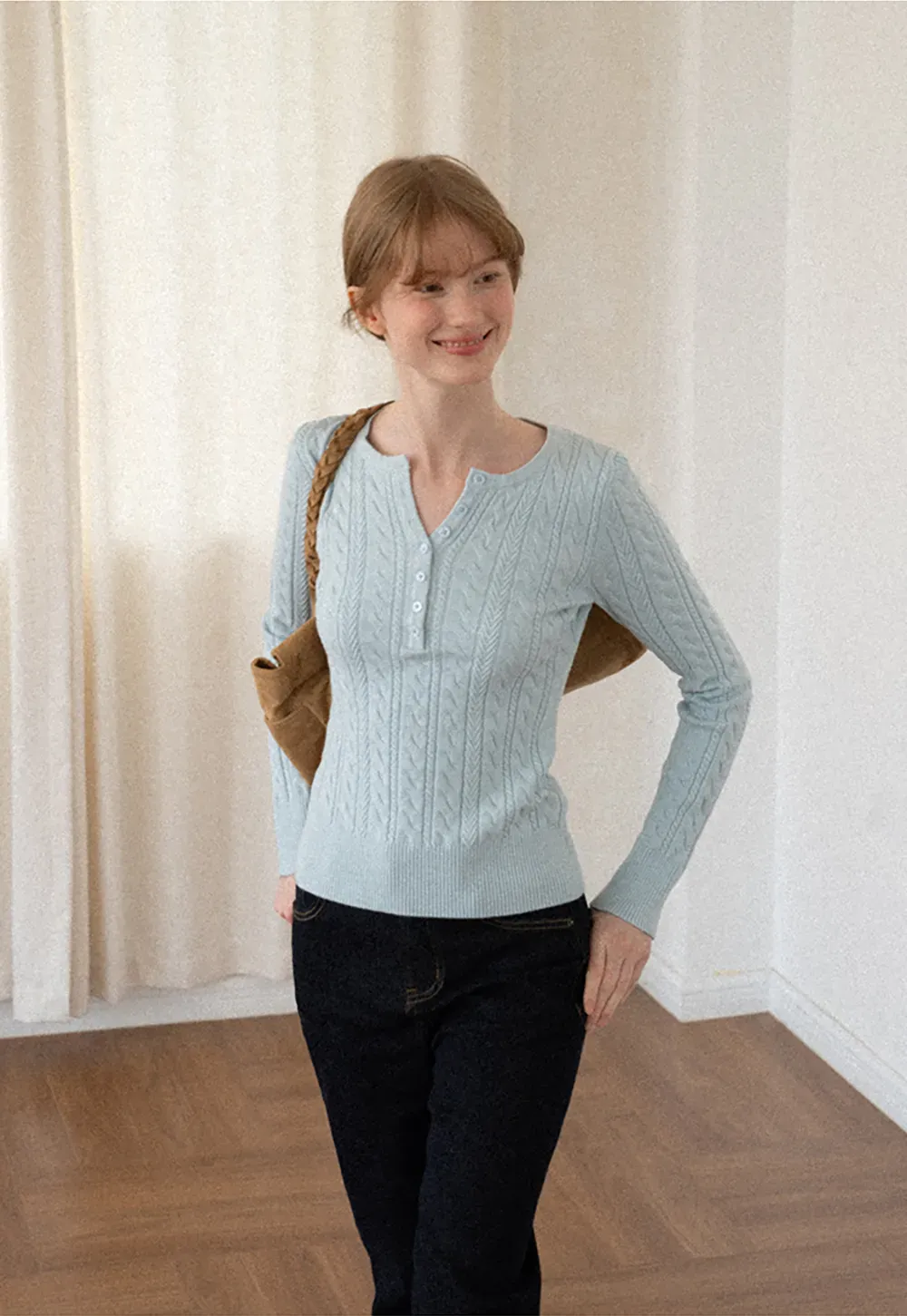 Cable Knit Henley Neck Long Sleeve Woolen Knit Sweater