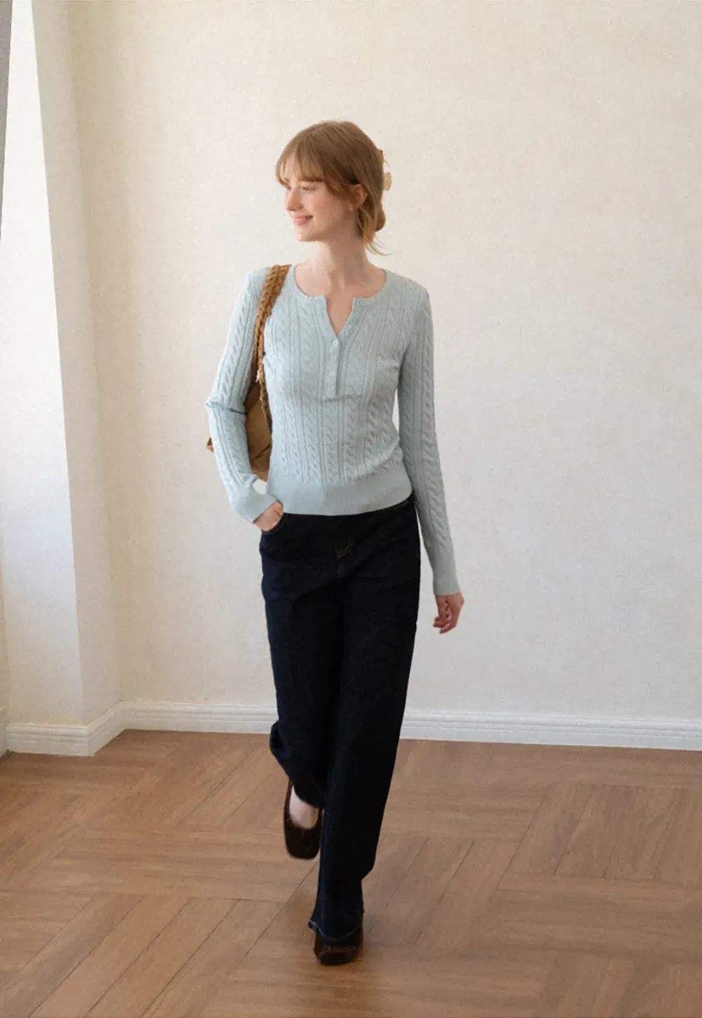 Cable Knit Henley Neck Long Sleeve Woolen Knit Sweater